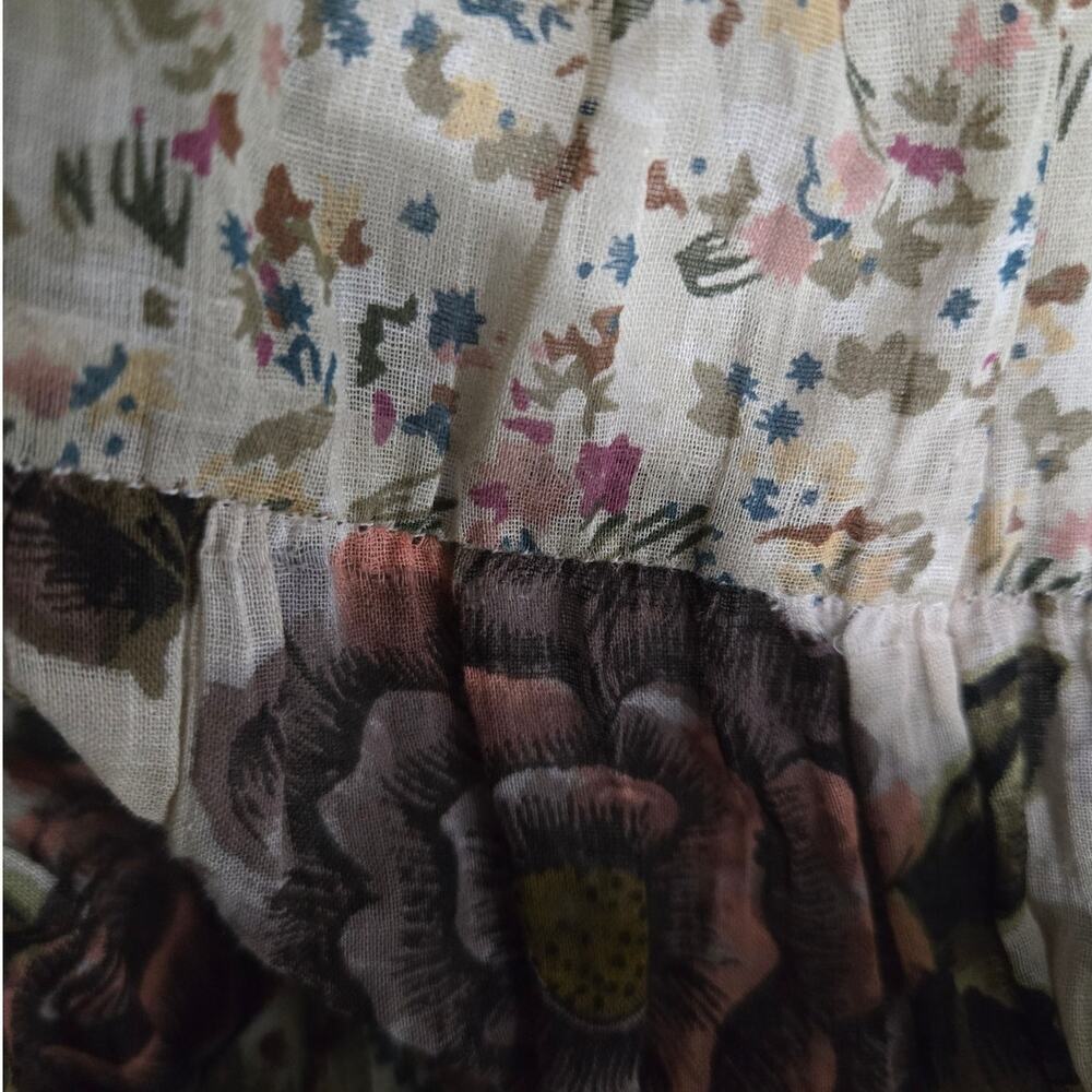 Vintage Tangibles Broomstick Skirt Tan Floral Tier Maxi Gauzy Rayon India Medium - Picture 15 of 16